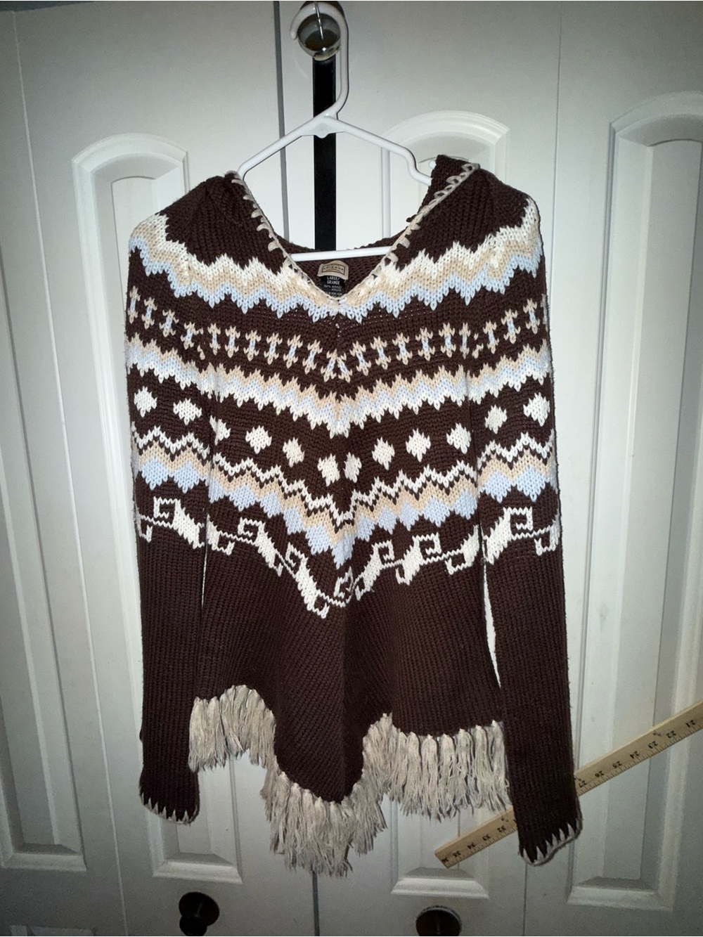 Vintage Y2K Arizona Jean Company Brown Hooded Fringe Fair Isle Sweater
